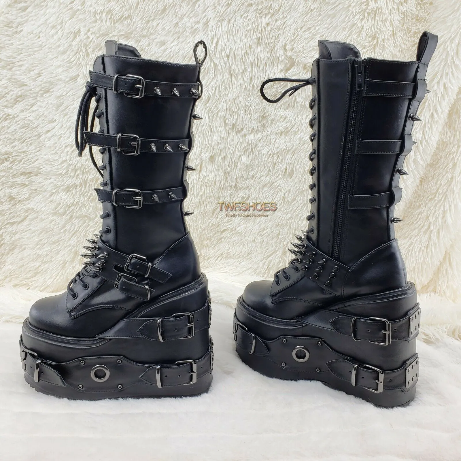 Swing 327 Black Knee Boot 5.5" Platform Studs & Spikes Goth Rave Boot Restock NY