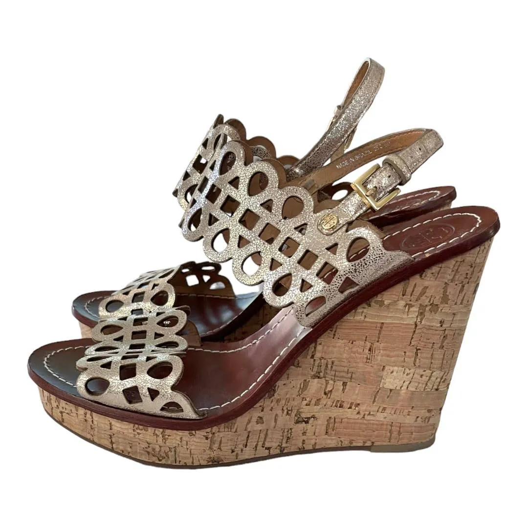 Tory Burch Nori Laser Cut Wedge Sandals Size 9 Gold