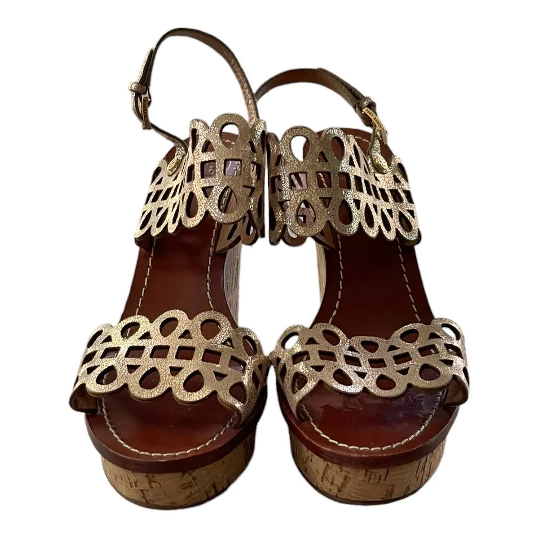 Tory Burch Nori Laser Cut Wedge Sandals Size 9 Gold