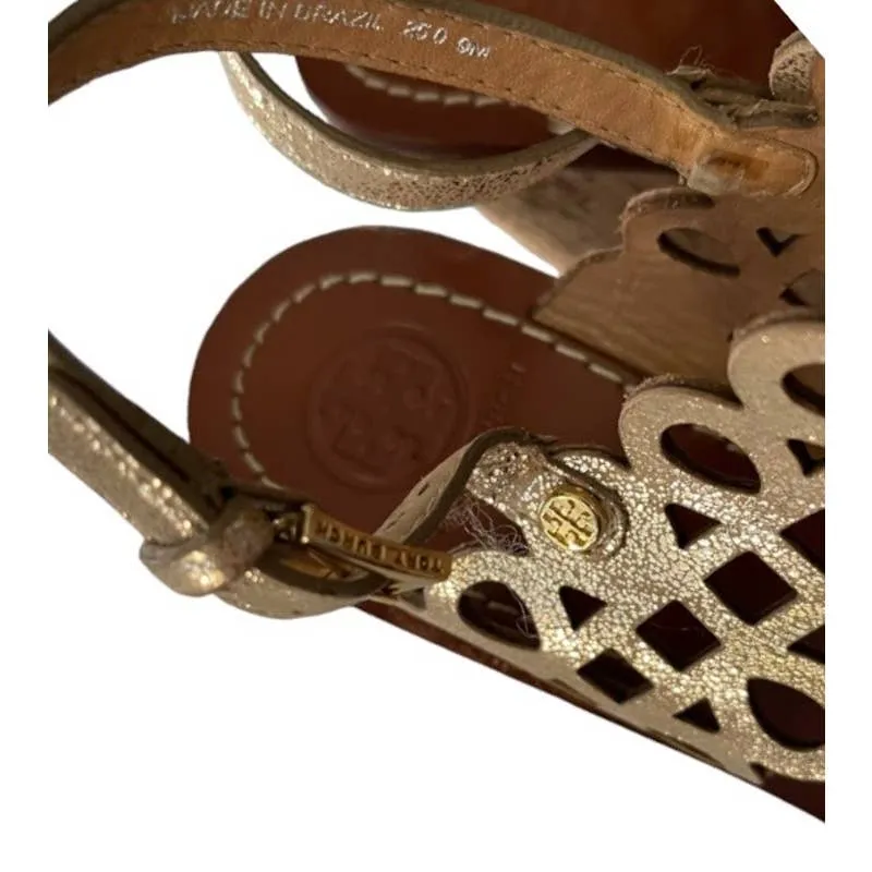 Tory Burch Nori Laser Cut Wedge Sandals Size 9 Gold